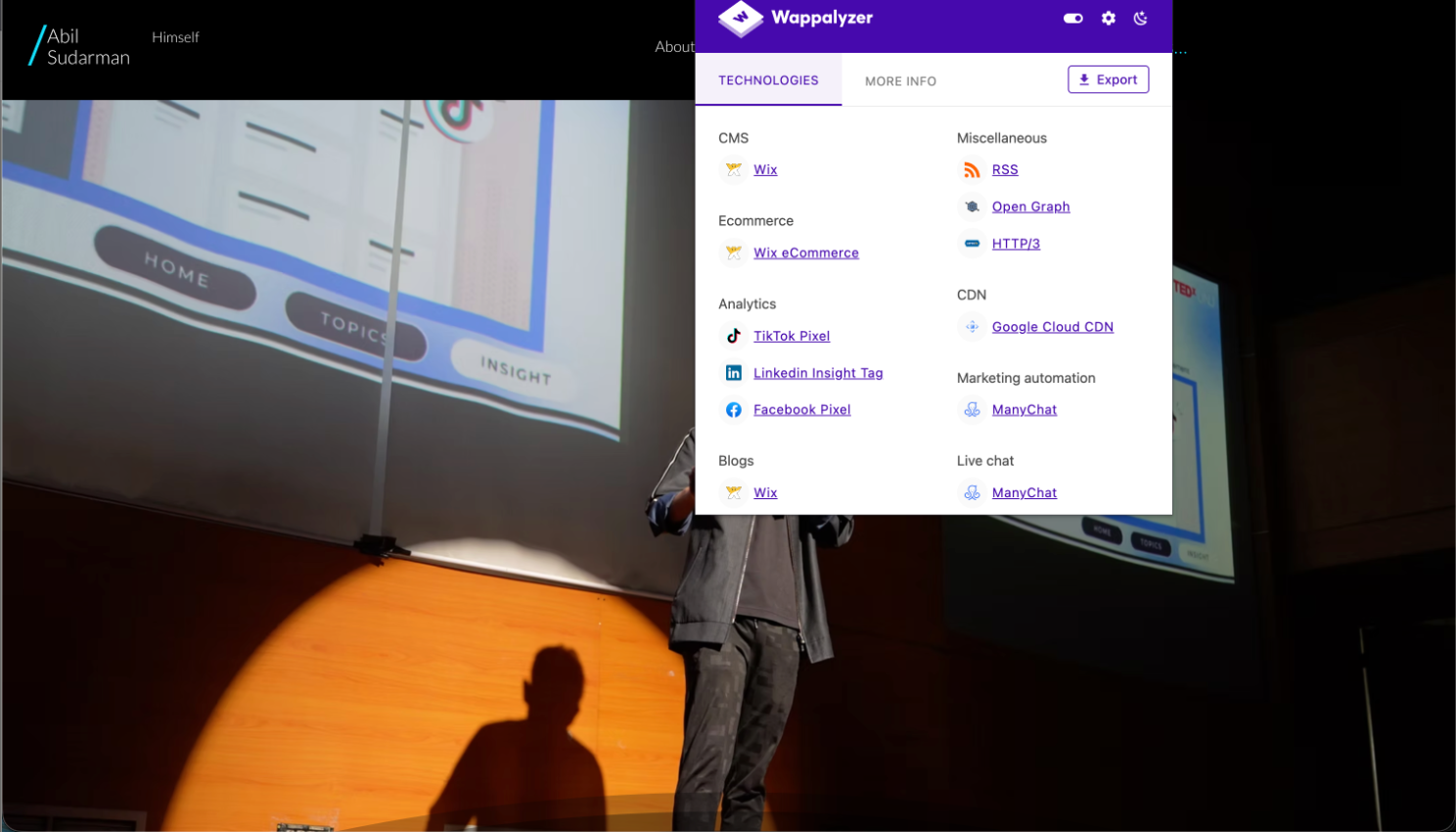 Wappalyzer pada abilsudarman.com, menampilkan Wix sebagai CMS, platform blog, dan e-commerce (dari laporan sebelumnya)