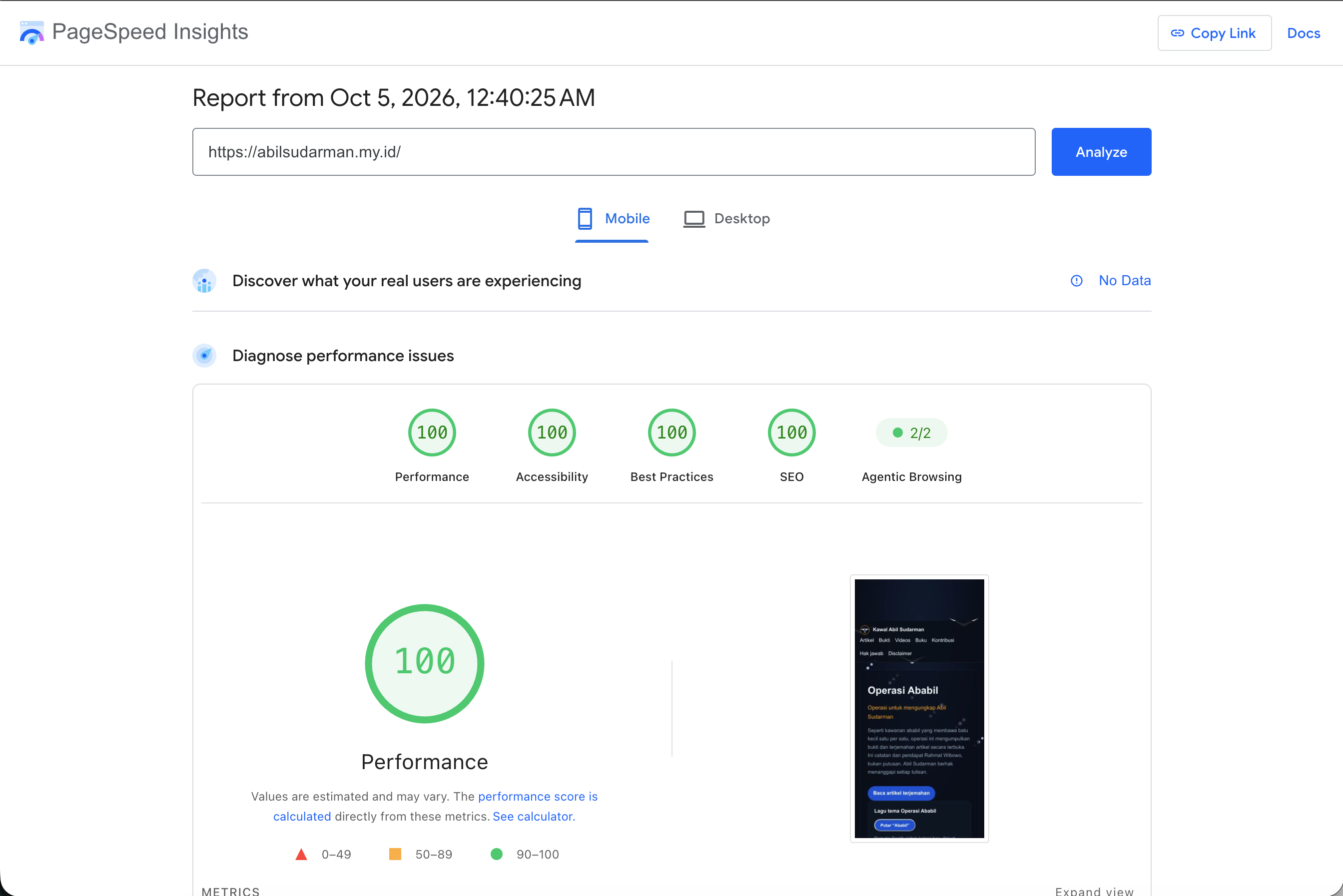 Laporan seluler PageSpeed Insights untuk abilsudarman.my.id: Performance, Accessibility, Best Practices, dan SEO masing-masing 100, Agentic Browsing 2/2