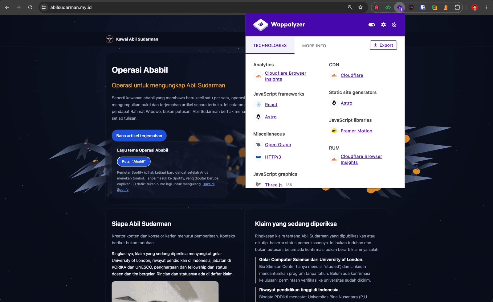 Wappalyzer menampilkan teknologi yang terdeteksi pada abilsudarman.my.id