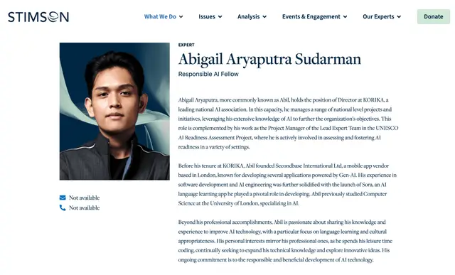 Halaman Expert Stimson Center atas nama Abigail Aryaputra Sudarman, Responsible AI Fellow, dengan bio yang menyebut kuliah Computer Science di University of London