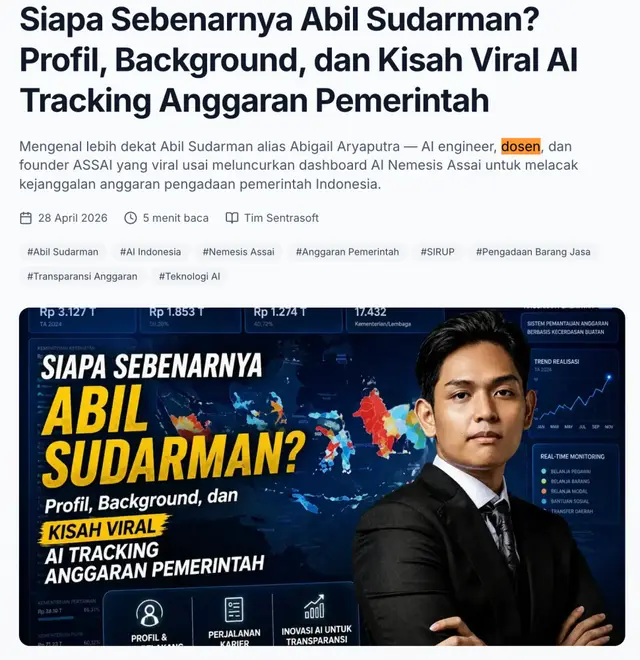 Judul dan paragraf pembuka artikel Sentrasoft tentang Abil Sudarman, kata dosen disorot