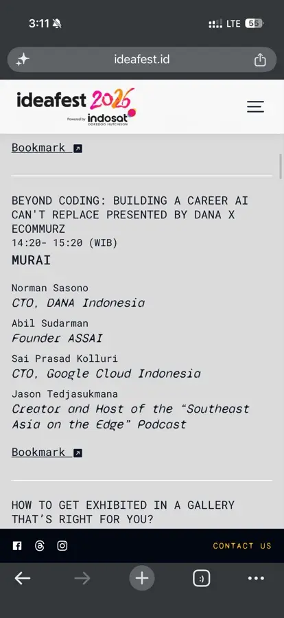 Halaman ideafest.id 2026: sesi Beyond Coding dengan pembicara termasuk Abil Sudarman, Founder ASSAI