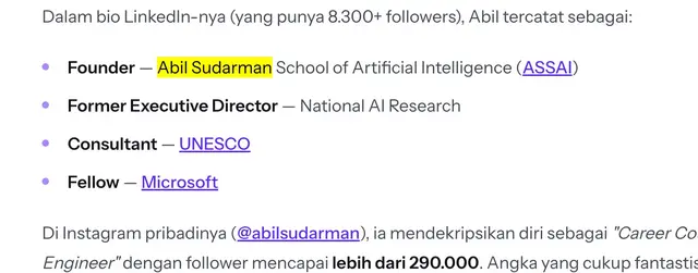 Kutipan artikel yang mendaftar bio LinkedIn Abil Sudarman: Founder ASSAI, Former Executive Director National AI Research, Consultant UNESCO, Fellow Microsoft