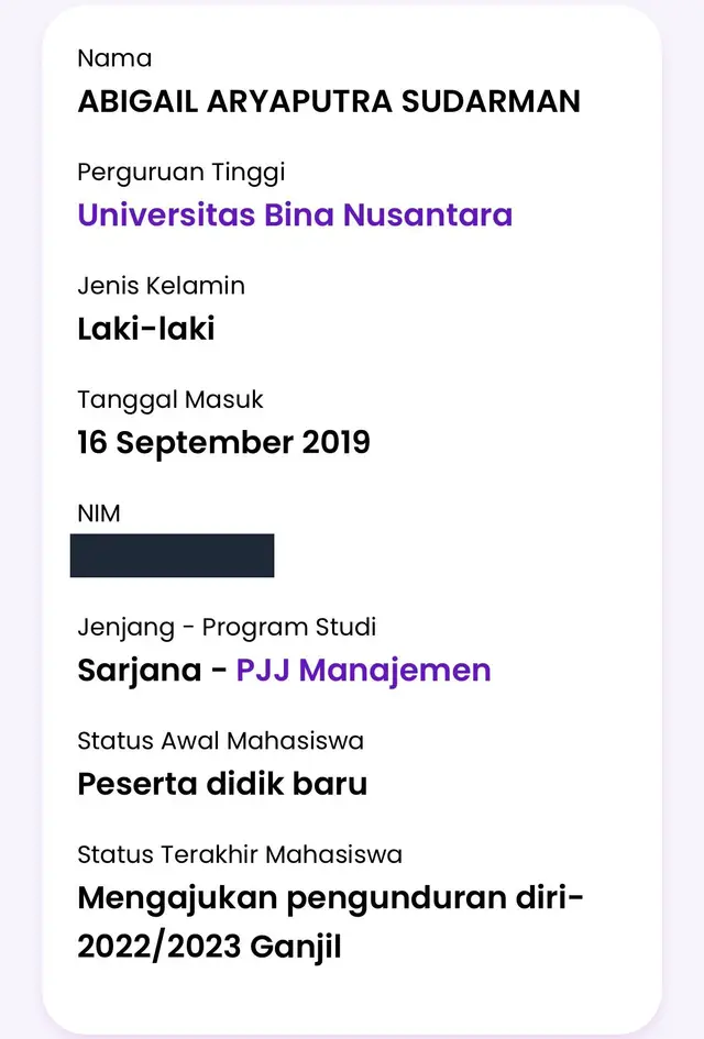 Kartu data mahasiswa atas nama Abigail Aryaputra Sudarman, Universitas Bina Nusantara, Sarjana PJJ Manajemen; status terakhir mengajukan pengunduran diri 2022/2023 Ganjil; NIM ditutup